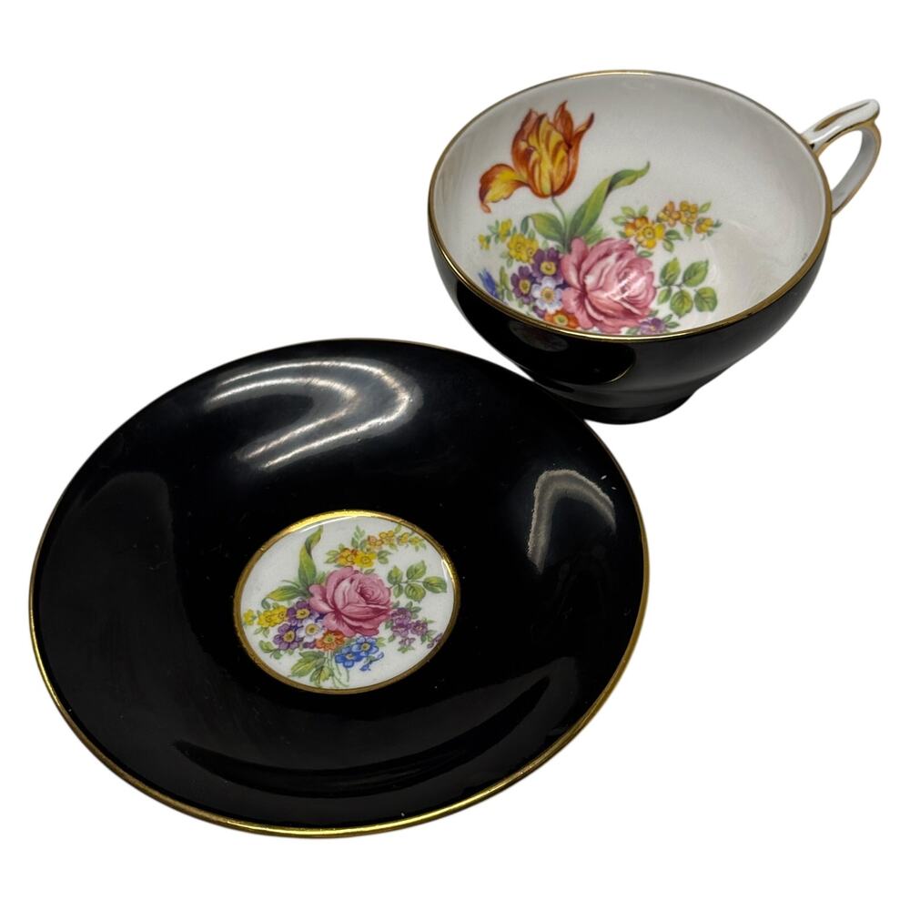Windsor Clarence Tea Cup & Saucer Bone China England Black Floral 50s Gold Trim